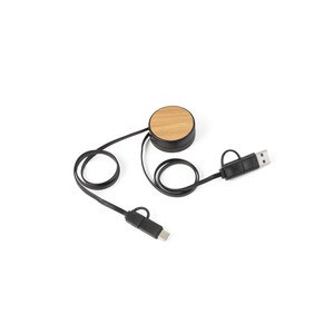 6-in-1 retractable USB cable in recycled ABS (100% rABS) and bamboo - Egotier 97091