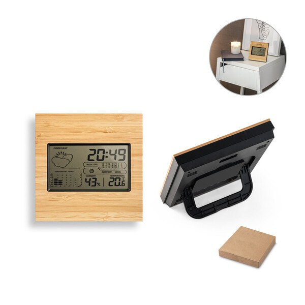 Desktop weather station with LCD screen in ABS and bamboo - Egotier 97099