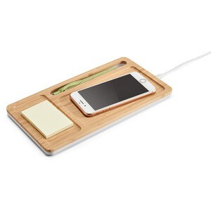 Desktop organiser with 15W wireless charger in bamboo and ABS - Egotier 97911