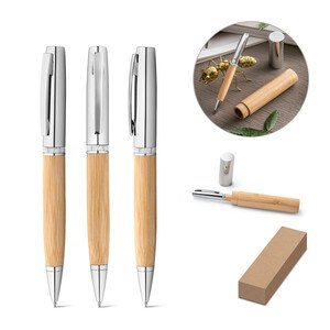 Bamboo and metal ball pen with case - Egotier 91775
