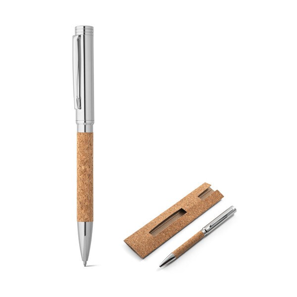 Cork and metal ballpoint pen with twist mechanism