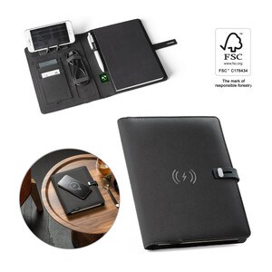 A5 folder in 300D recycled polyester (100% rPET) with wireless charger - Egotier 93581