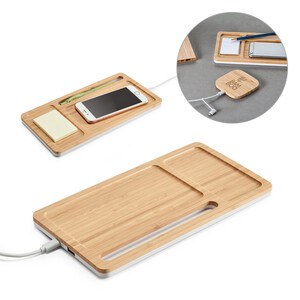 Desktop organiser with 15W wireless charger in bamboo and ABS - Egotier 97911