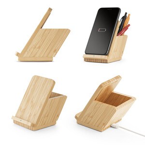 Smartphone holder and ballpoint holder with 10W fast wireless charger in bamboo - Egotier 97940