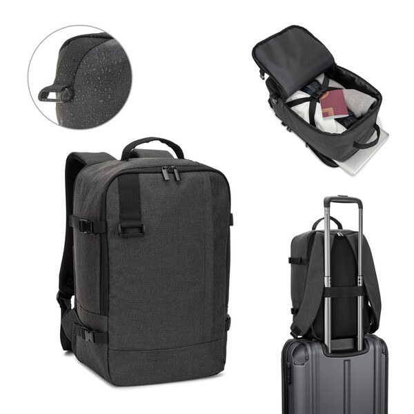 Backpack developed to fulfil the dimensions required by airlines in high-density 600D recycled polyester - Egotier 92361