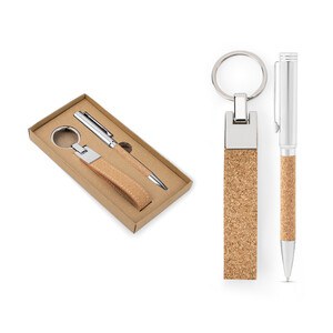 Set consisting of a ballpoint and key ring, both in metal and cork - Egotier 95106