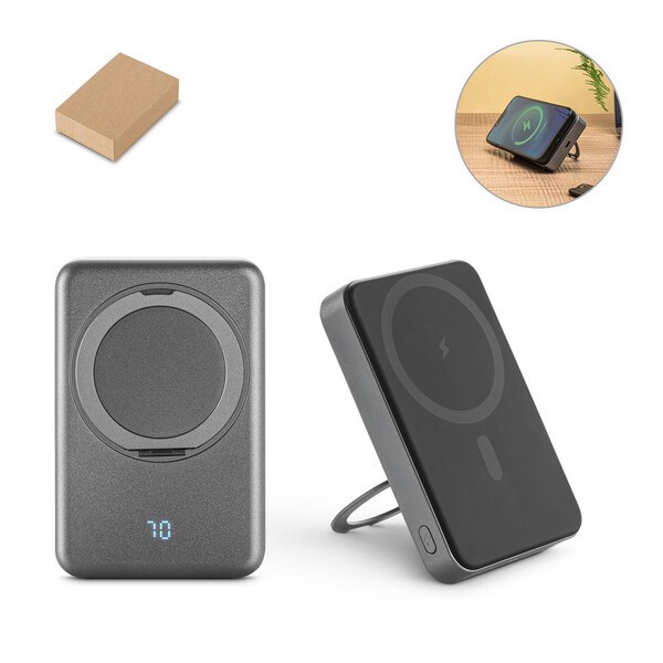 10'000 mAh magnetic power bank with 15W superfast wireless charger in recycled ABS (100% rABS) with stand