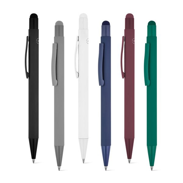 Ballpoint pen with a modern design made from recycled aluminum (100% rAL), with a rubber finish