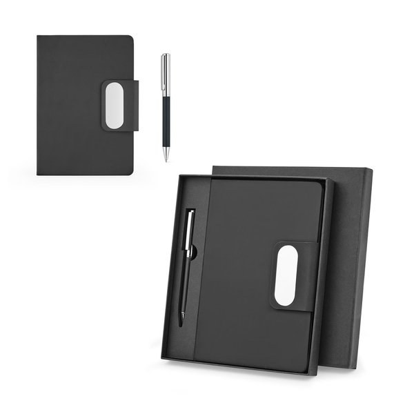 Set comprising 1 ballpoint pen and 1 notepad, made from PU and stainless steel