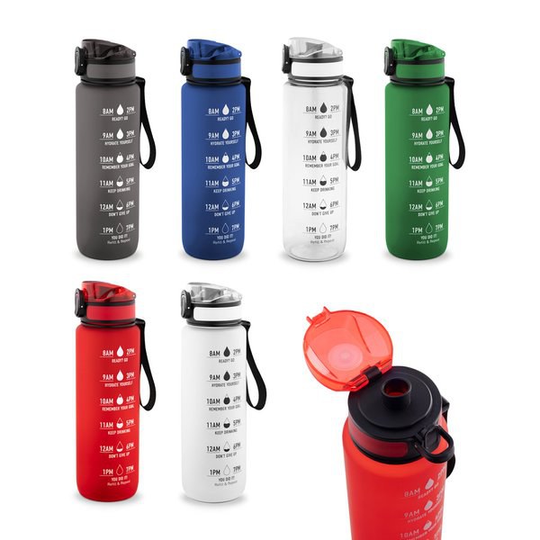 Bottle made from recycled PET (100% rPET), featuring motivational phrases and time markings to encourage you to drink water