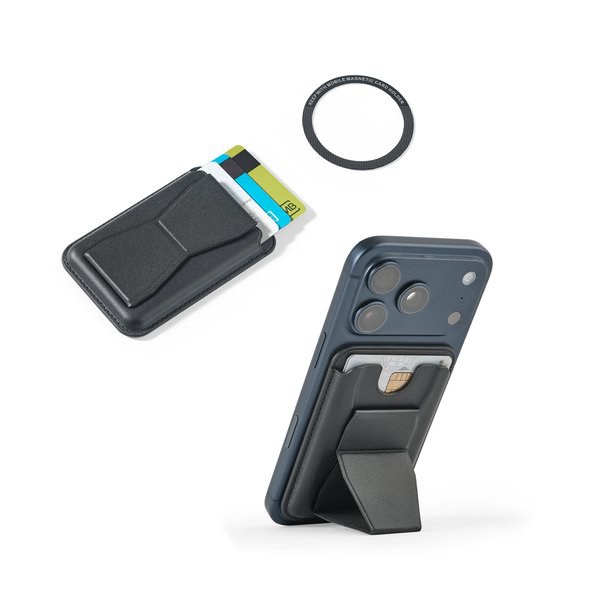 Magnetic PU card holder that attaches easily to the back of your mobile phone, with RFID blocking